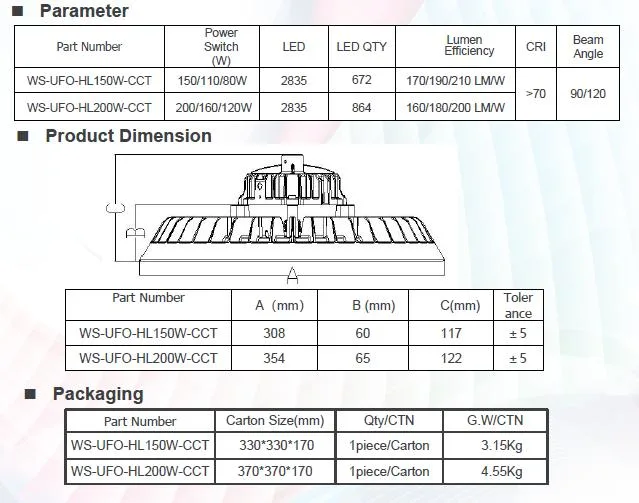 Power Swith CCT Change UFO LED High Bay Light 210lm/W 200W High-MIG-Low